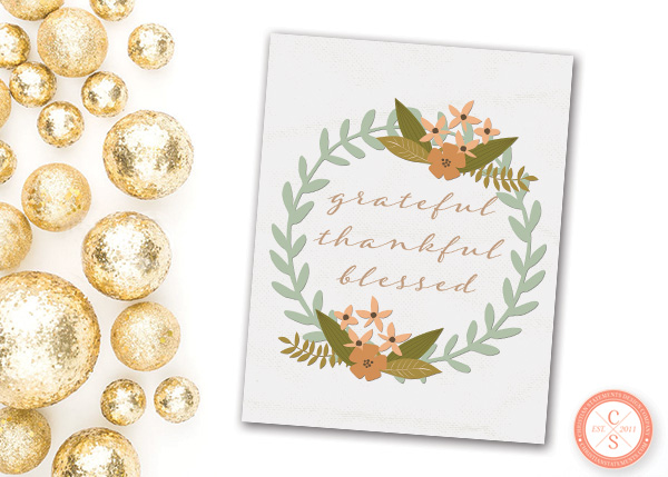 Grateful, Thankful, Blessed Floral Wreath Wall Print #2