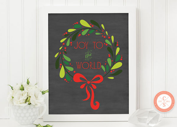 Joy to the World Chalkboard Wreath Christmas Wall Print
